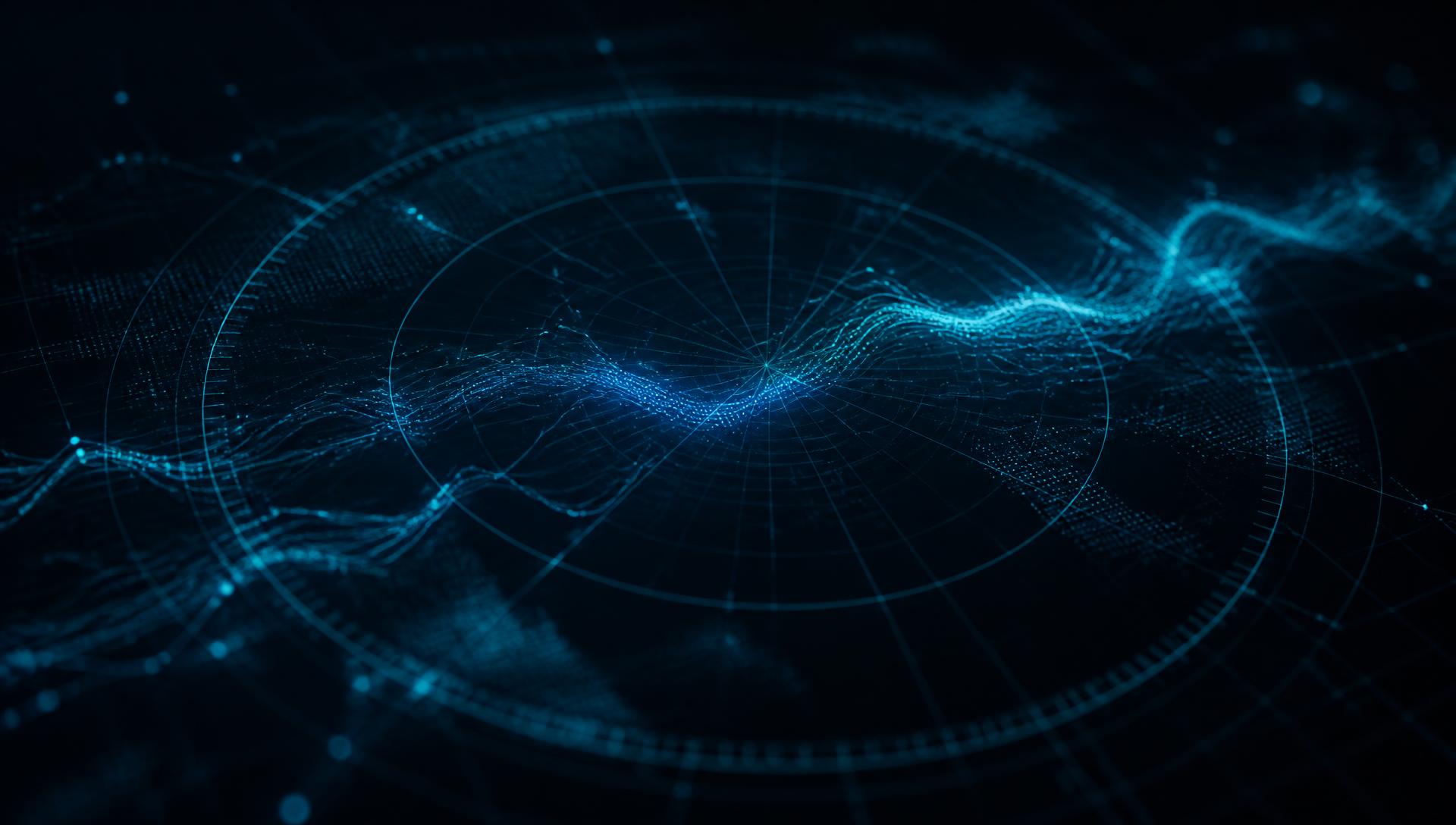 Abstracte weergave van een datadashboard met radarcirkels en datacurves